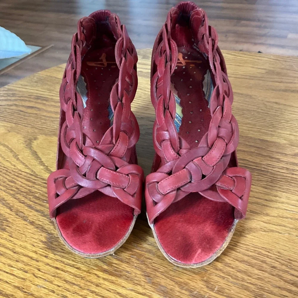 Nicole Wedge Sandals Women Size 7 Red Leather Braided Strap Boho